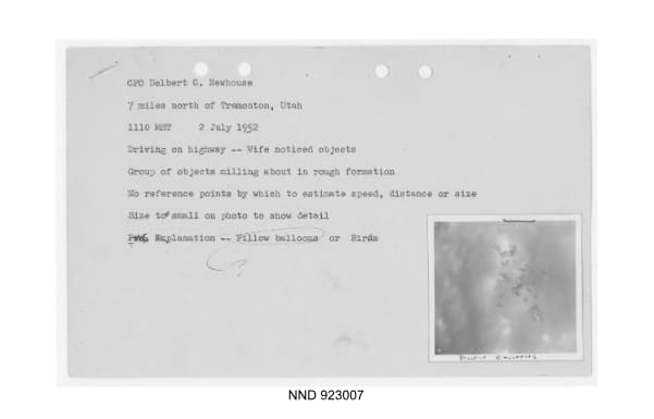 Page 2 of Project Blue Book Photo File Relating to Tremonton Film, Utah, 1952