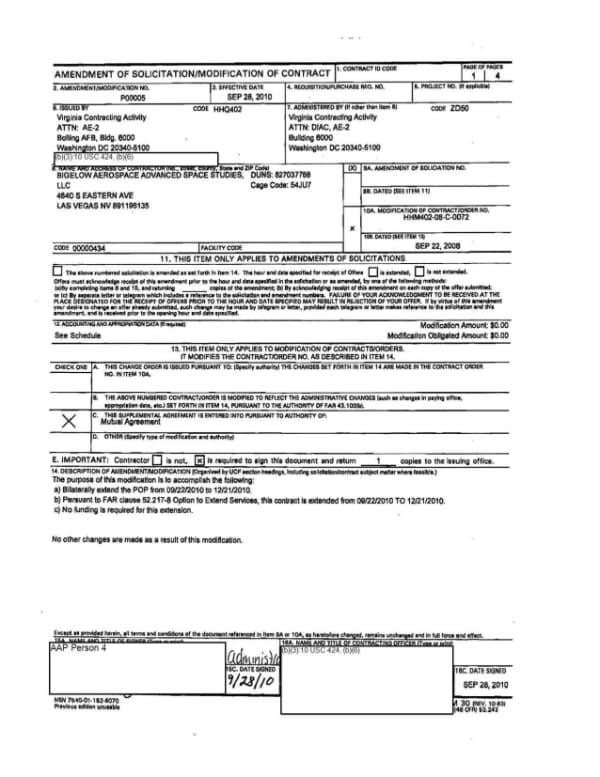 Page 1 of AAWSAP Contract Modification P00005, September 2010