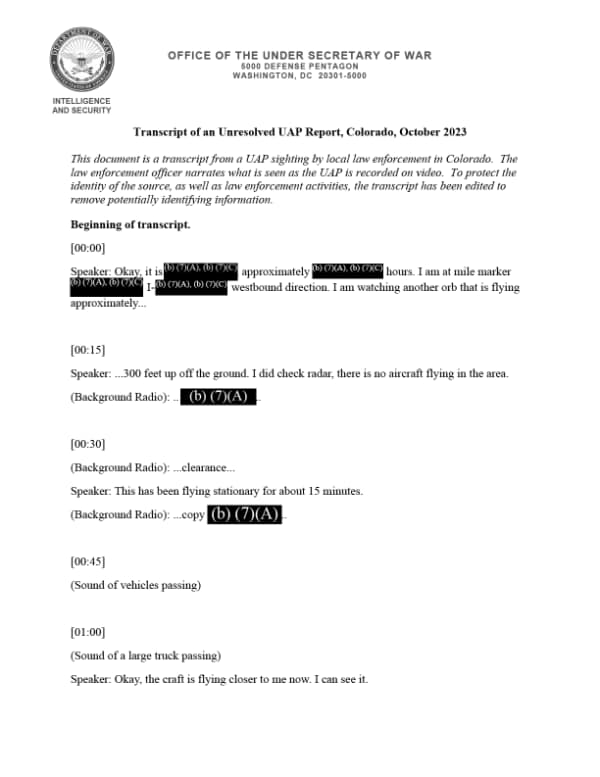 Page 1 of Transcript of an Unresolved UAP Report, Colorado, October 2023