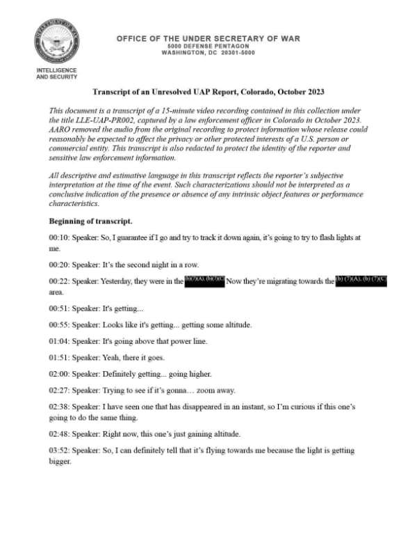 Page 1 of Transcript of an Unresolved UAP Report, Colorado, October 2023