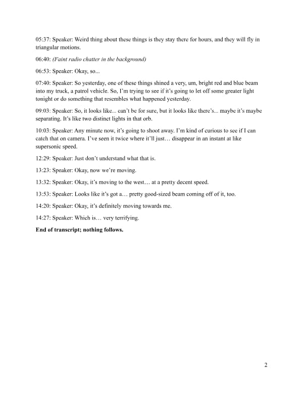 Page 2 of Transcript of an Unresolved UAP Report, Colorado, October 2023