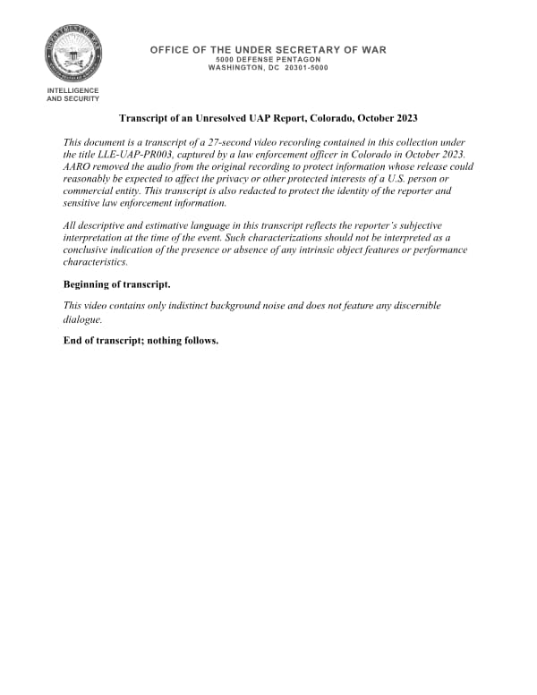 Page 1 of Transcript of an Unresolved UAP Report, Colorado, October 2023