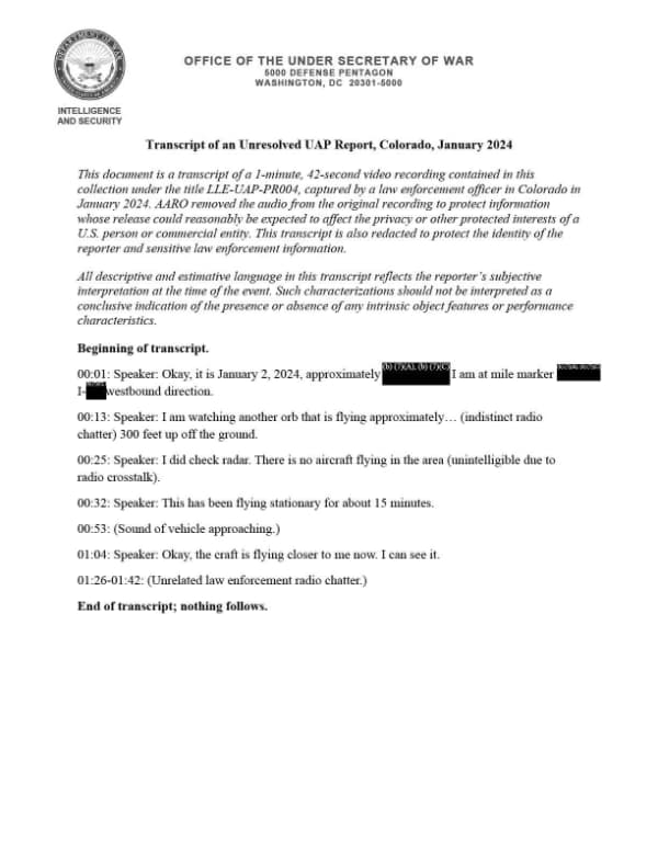 Page 1 of Transcript of an Unresolved UAP Report, Colorado, January 2024